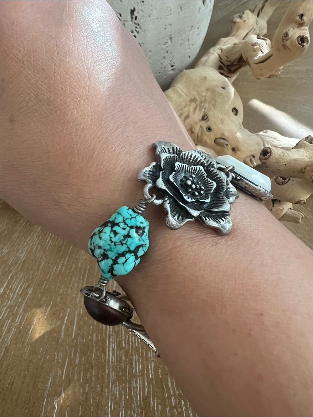 Lucky Brand Turquoise Like  & Silver Floral Bracelet
